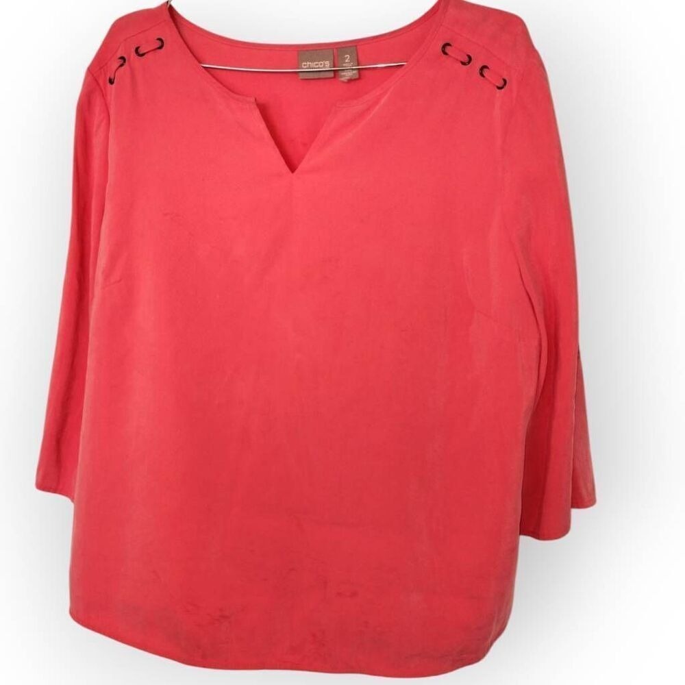 Chicos Peach Silk Blouse Sz 2 US 12 | Roll Tab Sleeve Coastal Classic Beachy Top - Picture 8 of 9